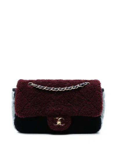 Pre-owned Chanel 2019 Medium Tricolor Cc Quilted Shearling Single Flap Shoulder Bag In Red