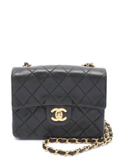 Pre-owned Chanel 1989-1991 Mini Square Classic Lambskin Single Flap Crossbody Bag In Black