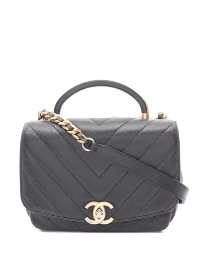 Pre-owned Chanel 2019 Cc Caviar Chevron Top Handle Flap Satchel In Black