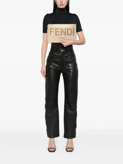 Pre-owned Fendi 2010-2025 Leather Logo Clutch Bag In White