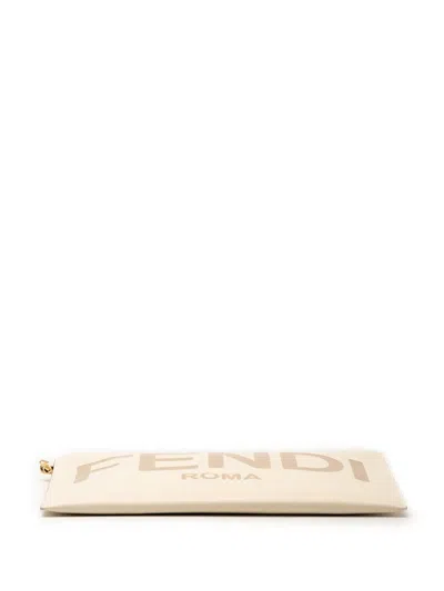 Pre-owned Fendi 2010-2025 Leather Logo Clutch Bag In White