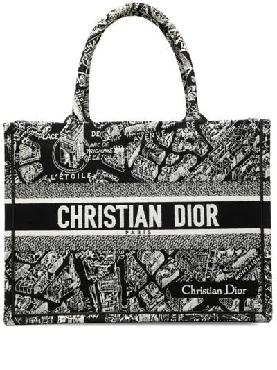 Pre-owned Dior 2023 Medium Canvas Embroidered Plan De Paris Book Tote Bag In Black