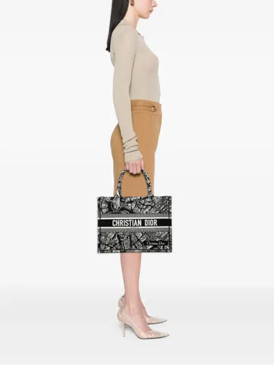 Pre-owned Dior 2023 Medium Canvas Embroidered Plan De Paris Book Tote Bag In Black