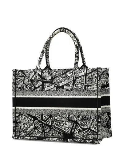 Pre-owned Dior 2023 Medium Canvas Embroidered Plan De Paris Book Tote Bag In Black