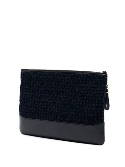 Pre-owned Chanel 2017-2018 Large Tweed And Calfskin Embroidered Gabrielle O Case Clutch Bag In Blue