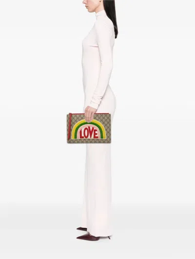 Pre-owned Gucci 2016-2025 Gg Supreme Rainbow Love Patch Clutch Bag In Brown