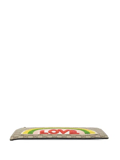 Pre-owned Gucci 2016-2025 Gg Supreme Rainbow Love Patch Clutch Bag In Brown