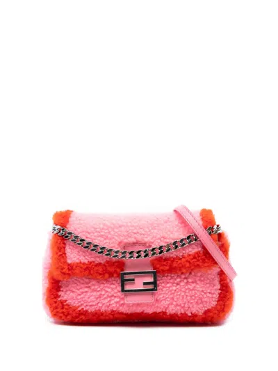 Pre-owned Fendi 2010-2025 Micro Bicolor Shearling Baguette Satchel In Pink