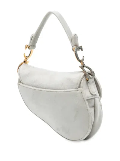 Pre-owned Dior 2020 Mini Velvet Crystal Embellished Hardware Saddle Bag Satchel In Gray