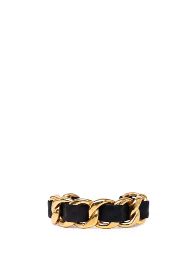 Pre-owned Chanel 1980-1990 Gold Plated Leather Woven In Chain Cuff Bracelet Costume Bracelet In Black
