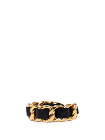 Pre-owned Chanel 1980-1990 Gold Plated Leather Woven In Chain Cuff Bracelet Costume Bracelet In Black