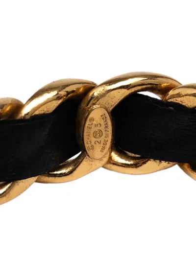 Pre-owned Chanel 1980-1990 Gold Plated Leather Woven In Chain Cuff Bracelet Costume Bracelet In Black