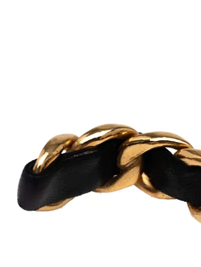 Pre-owned Chanel 1980-1990 Gold Plated Leather Woven In Chain Cuff Bracelet Costume Bracelet In Black