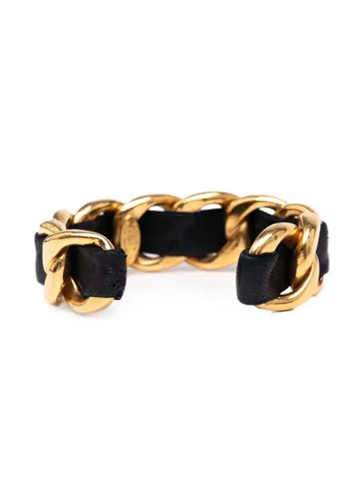 Pre-owned Chanel 1980-1990 Gold Plated Leather Woven In Chain Cuff Bracelet Costume Bracelet In Black