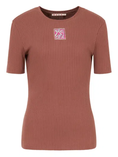 Marni Ribbed Embroidered Logo T-shirt In Brown