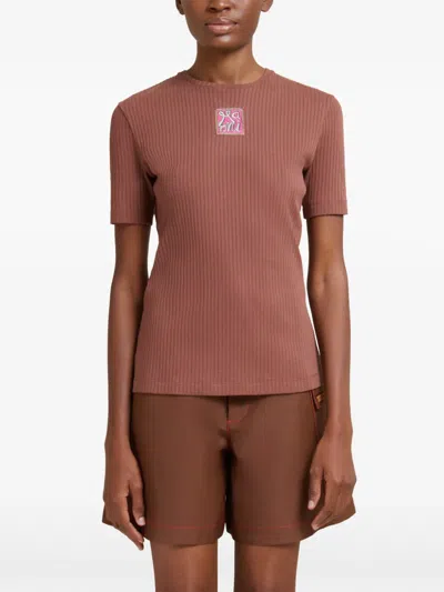 Marni Ribbed Embroidered Logo T-shirt In Brown