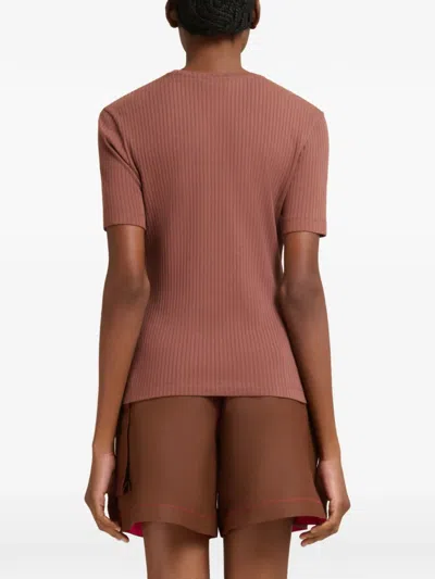 Marni Ribbed Embroidered Logo T-shirt In Brown