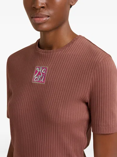 Marni Ribbed Embroidered Logo T-shirt In Brown