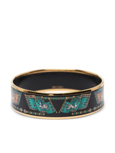 Pre-owned Hermes 2000-2025 Wide Printed Enamel Bangle 65 Costume Bracelet In Black