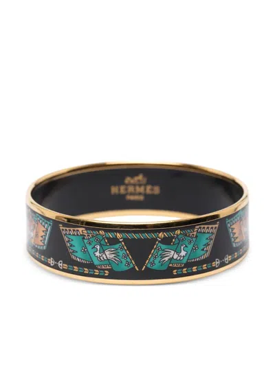 Pre-owned Hermes 2000-2025 Wide Printed Enamel Bangle 65 Costume Bracelet In Black