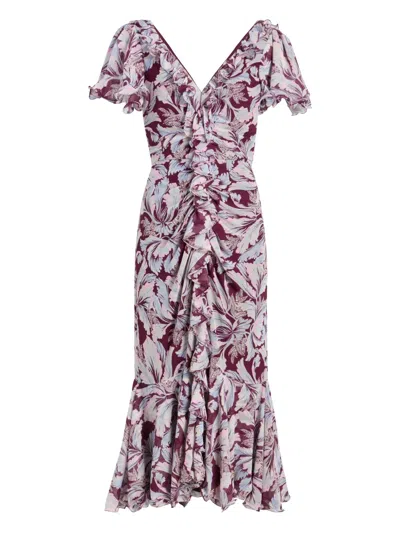 Cinq À Sept Clio Multi-tulip Ruffled Midi Dress In Brown