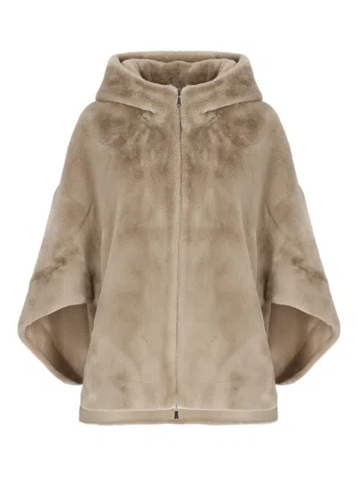 Betta Corradi Faux-fur Hooded Three-quarter Sleeve Jacket In Brown