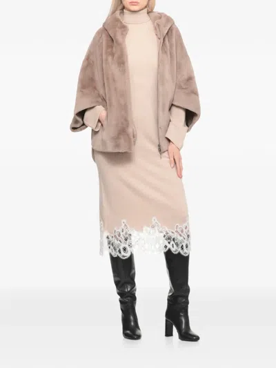 Betta Corradi Faux-fur Hooded Three-quarter Sleeve Jacket In Brown