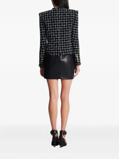 Balmain Black Checks Round Neck Blazer In Black