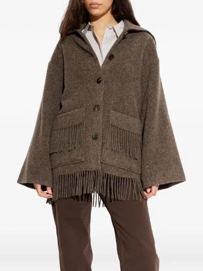 By Malene Birger Boloune Fringe Wool Coat In Brown