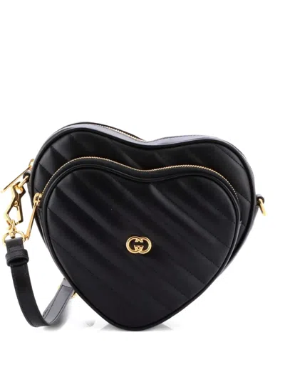 Pre-owned Gucci Interlocking G Heart Diagonal Quilted Leather Mini Shoulder Bag In Black