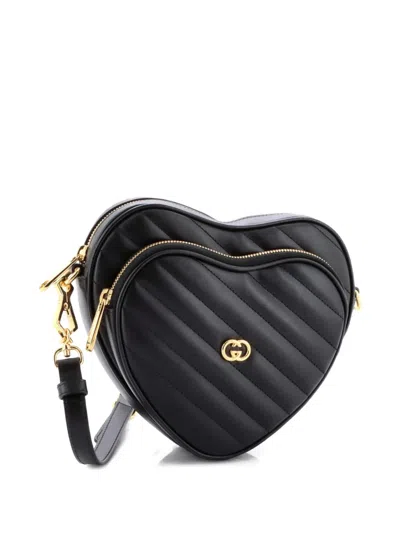 Pre-owned Gucci Interlocking G Heart Diagonal Quilted Leather Mini Shoulder Bag In Black