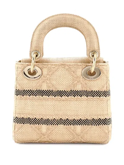 Pre-owned Dior Lady D-lite Bag Cannage Embroidered Raffia Mini Satchel In Neutral