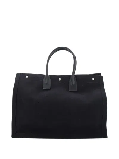 Pre-owned Saint Laurent Rive Gauche Shopper Camo Canvas Large Tote Bag In Black