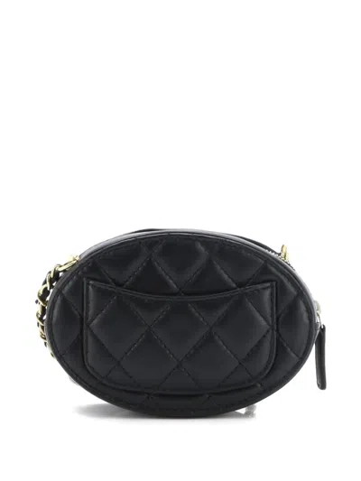 Pre-owned Chanel Logo Plate Oval Clutch With Chain Metal And Lambskin Shoulder Bag In Black