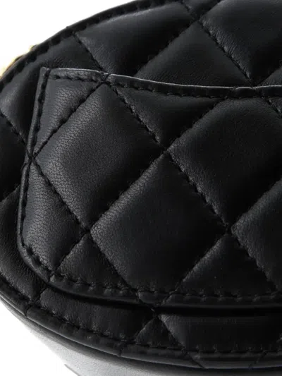 Pre-owned Chanel Logo Plate Oval Clutch With Chain Metal And Lambskin Shoulder Bag In Black