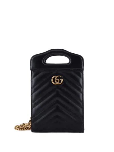 Pre-owned Gucci Gg Marmont Top Handle Convertible Chain Tote Matelasse Leather Mini Crossbody Bag In Black