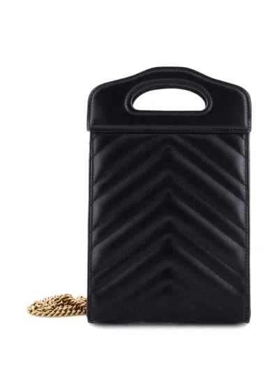 Pre-owned Gucci Gg Marmont Top Handle Convertible Chain Tote Matelasse Leather Mini Crossbody Bag In Black