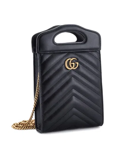 Pre-owned Gucci Gg Marmont Top Handle Convertible Chain Tote Matelasse Leather Mini Crossbody Bag In Black