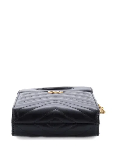 Pre-owned Gucci Gg Marmont Top Handle Convertible Chain Tote Matelasse Leather Mini Crossbody Bag In Black