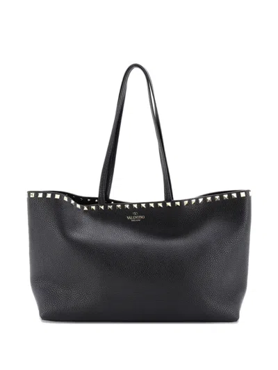 Pre-owned Valentino Garavani Rockstud Shopping Leather Medium Tote Bag In Black