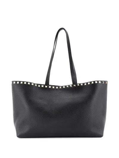 Pre-owned Valentino Garavani Rockstud Shopping Leather Medium Tote Bag In Black