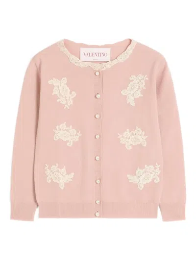 Valentino Embroidered Lace Cardigan In Pink