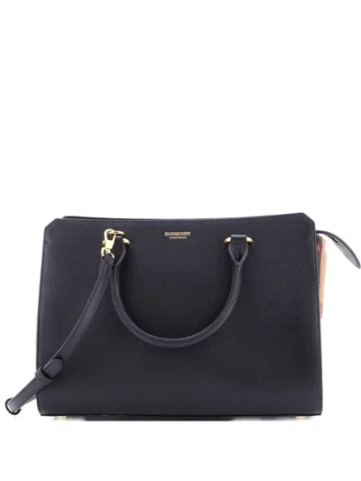 Pre-owned Burberry Banwell Leather And House Check Canvas Small Tote Bag In Black