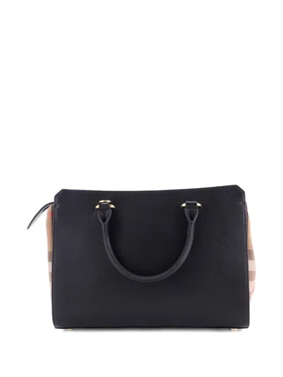 Pre-owned Burberry Banwell Leather And House Check Canvas Small Tote Bag In Black