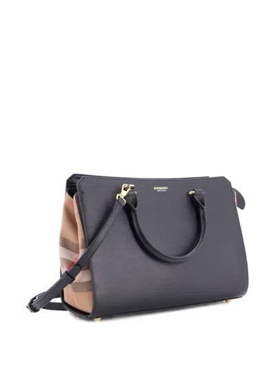 Pre-owned Burberry Banwell Leather And House Check Canvas Small Tote Bag In Black