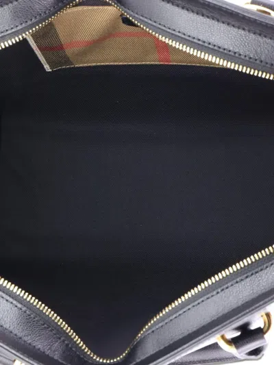 Pre-owned Burberry Banwell Leather And House Check Canvas Small Tote Bag In Black