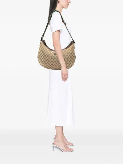Pre-owned Gucci 2000-2015 Gg Canvas Web Half Moon Crossbody Bag In Brown