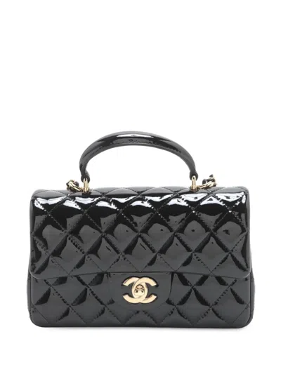 Pre-owned Chanel 2021-2025 Mini Rectangular Classic Patent Top Handle Flap Satchel In Black