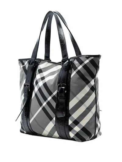 Pre-owned Burberry 2010-2025 Medium Beat Check Nylon Victoria Tote Bag In Gray