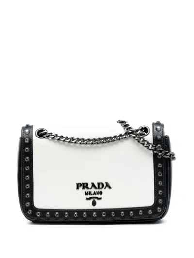 Pre-owned Prada 2000-2025 Small Studded Glace Calf Chain Flap Shoulder Bag In White